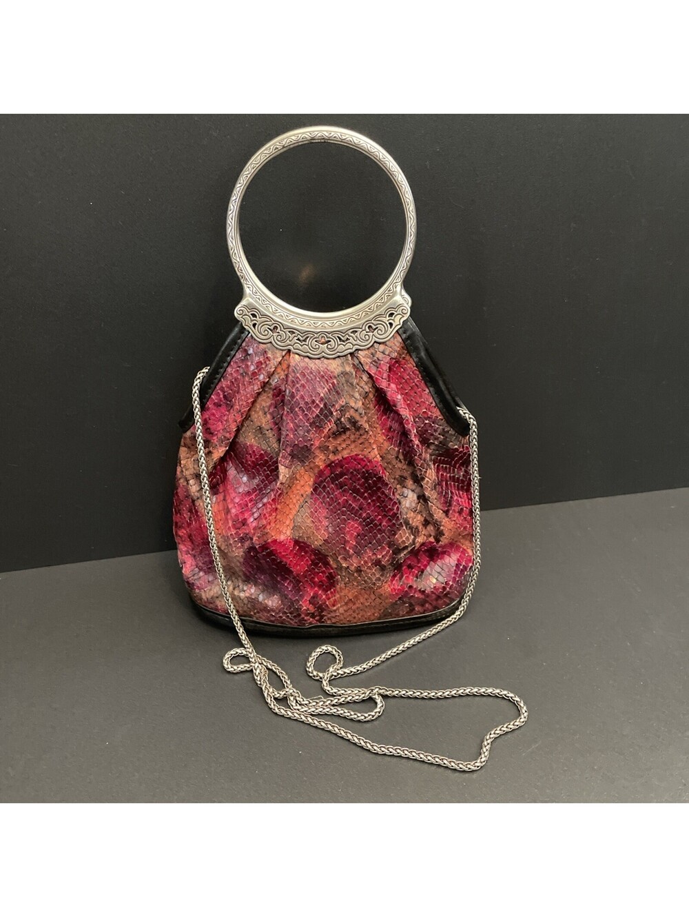 Brighton Red Ruby Snakeskin Style Crossbody Bag Purse Ornate O-Ring Handle